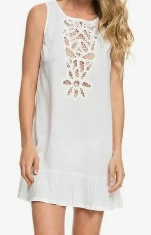 NWT ROXY Goldy Soul Mini Beach Tank Dress White‎ Sheer Coverup Medium thumbnail 1