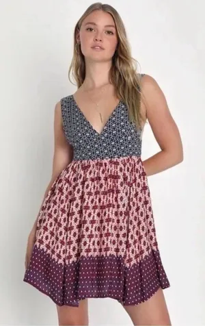 Lulu's Mixed-Print V-Neck Mini Dress - Navy & Burgundy thumbnail 1