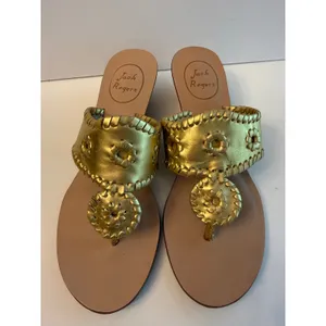 Jack Rogers Cork Wedge Sandals Womens Size 7 Gold Metallic Whipstitch Resortwear thumbnail 2