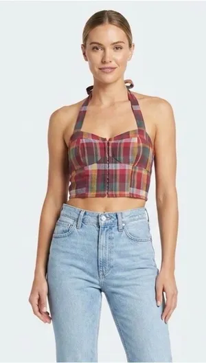 American Eagle Plaid Bustier Halter Crop Top thumbnail 1