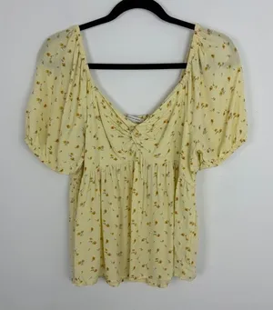 American Eagle Babydoll Blouse Yellow Floral Short Sleeve Boho Cottage Large thumbnail 1