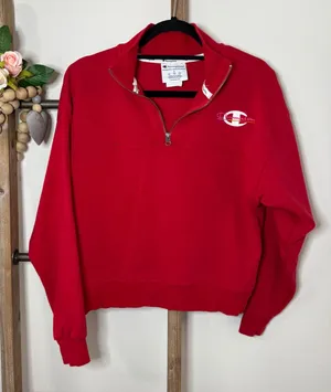 Champion Red Quarter Zip‎ Sweatshirt Logo Athletic Pullover Top Women Small thumbnail 1