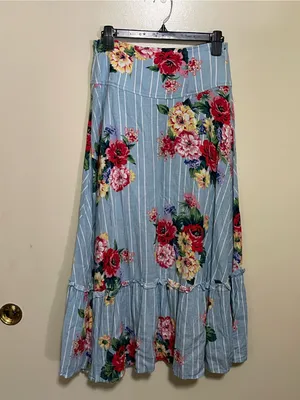 Anthropologie Maeve Blue Striped High-Low Floral Button Skirt thumbnail 4