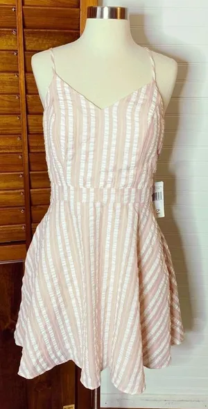 City Vibe Stripe Bow Fit & Flare Pink Dress thumbnail 1