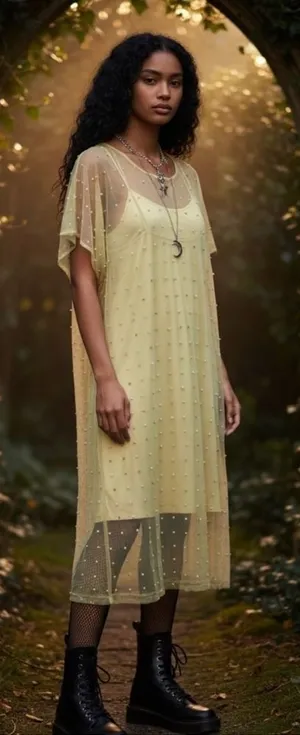 NWT ZARA Sheer Mesh Pearl Embellished Midi Dress Women's Size XS/S Tan‎ thumbnail 1