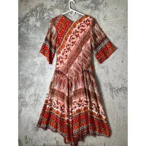 Vintage y2k Boho Paisley Handkerchief Hem Dress Orange Patchwork Midi Size Small thumbnail 3