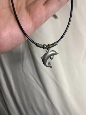 Dolphin Pendant Necklace Black Rubber Cord Silver Tone Ocean Marine 16" thumbnail 2