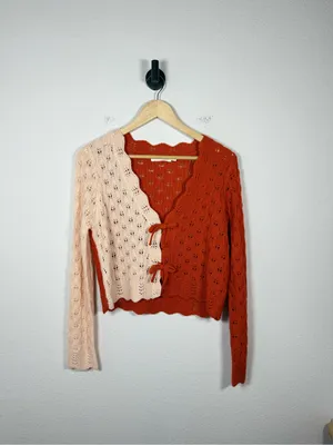 All In Favor Colorblock Pointelle Knit Tie Front Cardigan Cream Rust Medium thumbnail 3