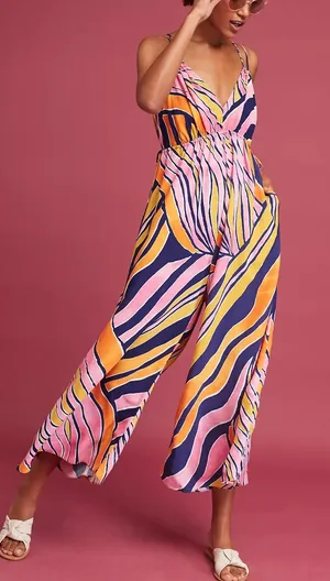 Anthropologie Maeve Jumpsuit Womens 6 Pink Orange Abstract Wide Leg‎ Strappy thumbnail 1