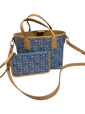 Anne Klein | Blue Patterned bucket bag with Tan Trim and Wristlet thumbnail 1