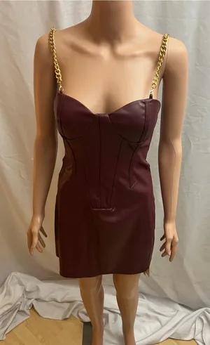 MICAS Burgundy Faux Leather Corset Mini Dress Gold Chain Straps Size S NWT thumbnail 1