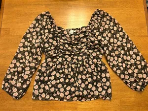 American Eagle Outfitters Smocked Baby Doll Blouse Size S Black Floral Coquette thumbnail 1