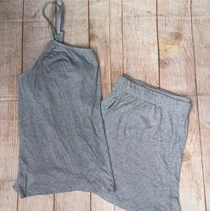 Joyspun Gray Ribbed Knit Pajama Set with Spaghetti Strap Top and Shorts thumbnail 1