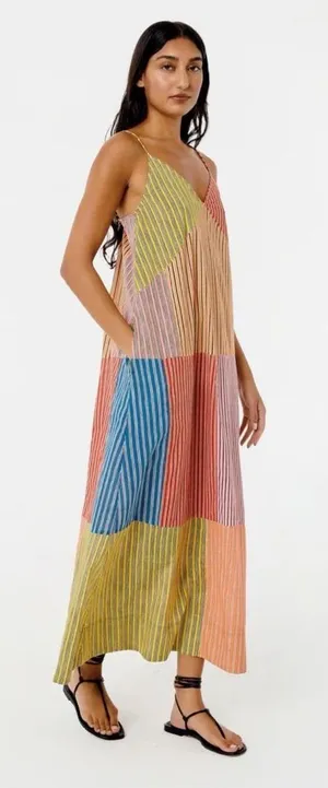 RHODE Nadia Maxi Dress Multi Stripe Patchwork Cotton Size 0 NWT thumbnail 1