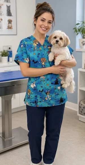 Vtg 90s Eureekas Castle Halloween Scrub Top small Cute Cartoon Teal Blue Nurse thumbnail 1