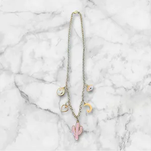 Gold Charm Necklace with Cactus and Moon thumbnail 3