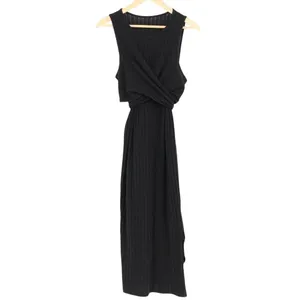 Black Ribbed Knit Maxi Dress Sleeveless Wrap Front Tie Waist thumbnail 2