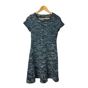 Talbots Tweed Fit & Flare Dress 6 Teal Blue‎ Faux Leather Trim Short Sleeve thumbnail 3