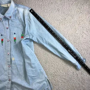 220 Hickory‎ Denim Button Up Shirt Women M Embroidered Feather Western Chore Vtg thumbnail 6