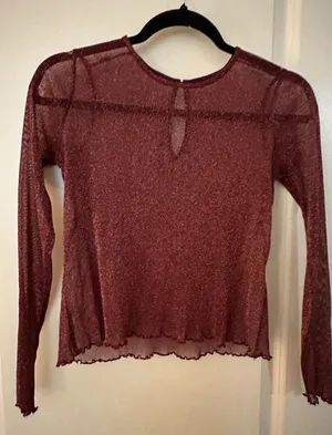 Shein Burgundy Sheer Ruffle Edge Long Sleeve Sparkly Layer thumbnail 1