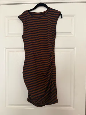 Striped Ruched Sleeveless Dress in Brown and Black thumbnail 2
