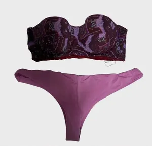 Zinke Plum Patterned Bandeau Top with Pink Bikini Bottom thumbnail 1
