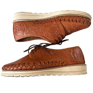 Handmade Mexican Floral Tooled Leather Huarache Oxfords Tan Sz 6 Comfort Travel thumbnail 3