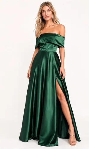 NEW Lulus Greatest Hits Forest Green Satin Off-the-Shoulder Maxi Dress Size XS thumbnail 1
