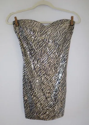 Gold Black Sequin Strapless Mini Dress Size M thumbnail 1