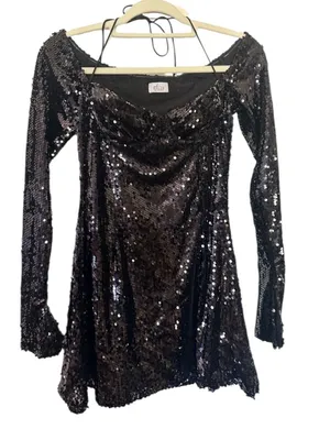NEW Oh Polly Black Off-Shoulder Sequin Mini Dress Bustier Long sleeve birthday thumbnail 3