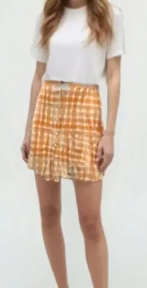 Urban Outfitters Orange Checked Button Up Pleated Mini Skirt thumbnail 1