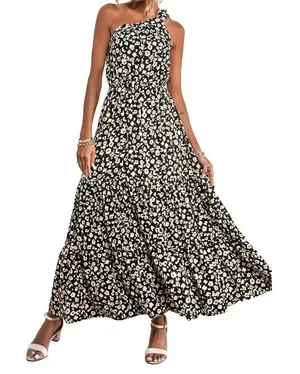 Prettygarden Maxi Dress One Shoulder Floral Print Ruffle‎ Hem Black Size S thumbnail 1