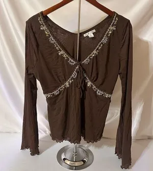 Vintage Brown Floral Embroidered Blouse Size M thumbnail 1