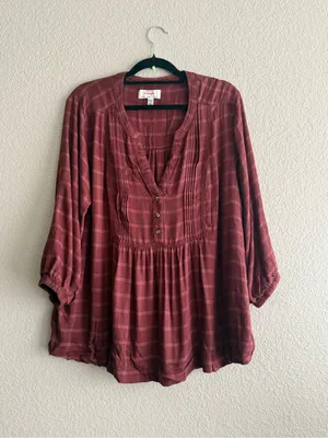 Wrangler Womens XXL Burgundy Plaid Pintuck Tunic Blouse Western Boho Cowgirl thumbnail 5