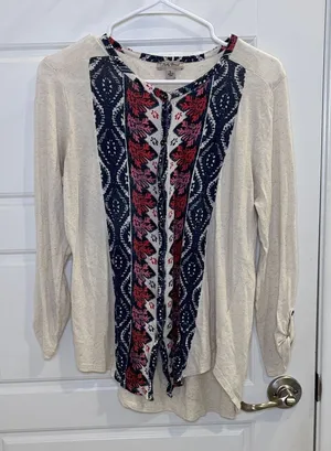 Lucky Brand Boho Embroidered Henley Top Cream Blue Red Size L thumbnail 1
