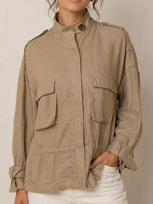 Zara Basic Women’s Size XS Tan 100% Linen Jacket Brown Utility Military Safari thumbnail 1