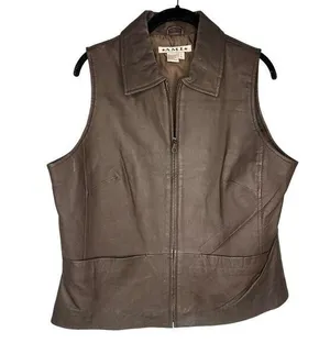 A.M.I Genuine Leather Vest Size Large Brown Nylon Lined Full Zip 90s Collared thumbnail 1