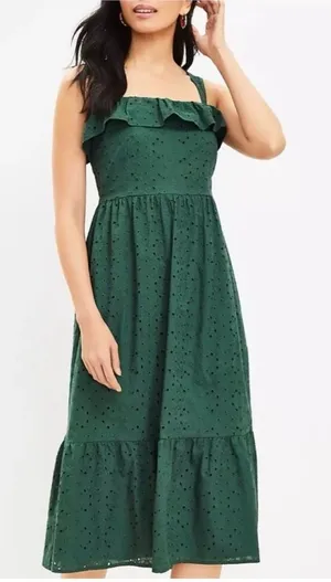 Loft Green Eyelet Ruffle Square Neck Sleeveless Cotton Midi Sundress Size 10 thumbnail 1