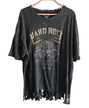 Hard Rock Cafe London Distressed Fringe Hem Graphic Tee Rock Grunge Sz XXL Y2K thumbnail 1
