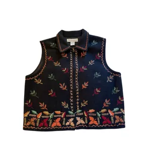 Vintage Chrysantheme Vest Womens Size M Wool Cotton Black Autumn Folk Art Zip Up thumbnail 2