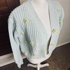 Hyfve Cardigan Sweater Mint Green w/ Yellow Daisy buttons twee‎ cottagecore sz L thumbnail 3