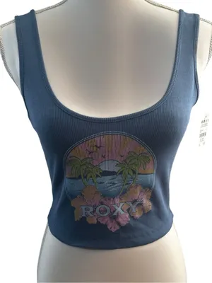 Roxy Blue Ribbed Scoop Crop Tank with Tropical Graphic thumbnail 3