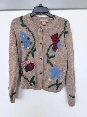 Vintage Cotton Knit Christmas Sweater Patchwork Unique Medium Button Cardigan Red thumbnail 1