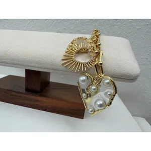 Gold Tone Heart Charm Bracelet Pearl Crystal Paperclip Chain Statement NEW thumbnail 5