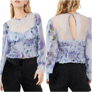 Free People Daphne Silver Blue Combo Lace Floral Print Blouse Size Medium thumbnail 2