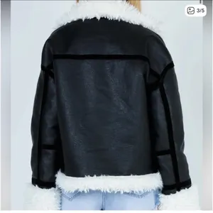 Lioness Black Faux Leather Jacket with White Shearling Trim thumbnail 4