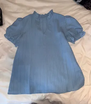Light Blue Puff Sleeve Ruffle Neck Women's Top thumbnail 1