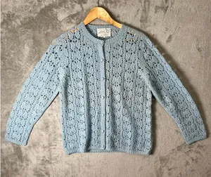 Vintage Hand Crocheted Wool Cardigan Blue Cottagecore Boho‎ Grannycore Dainty LG thumbnail 1