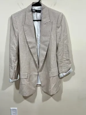 Zara Linen blend Open Front Blazer Jacket Lined Career Women's size S Beige thumbnail 2