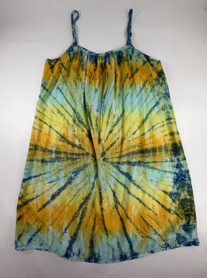 Santiki Womens XL Tie Dye Sunburst Rayon Dress Yellow Blue Green Summer Boho thumbnail 1